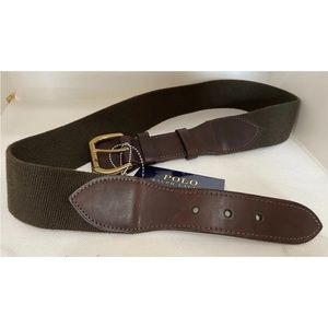New Polo Ralph Lauren Brown Leather Canvas Combination Belt Solid Brass Buckle M